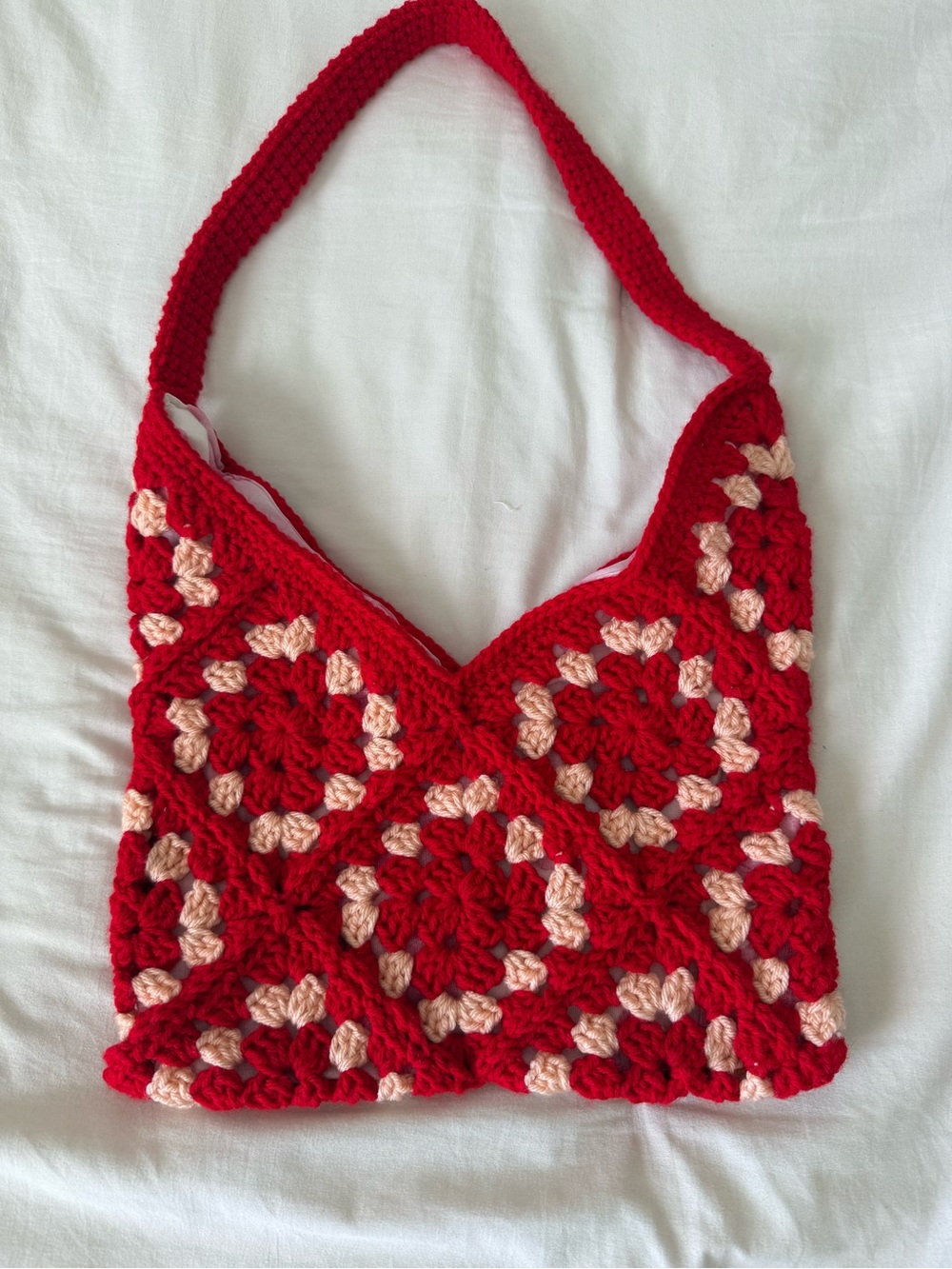 Hand-Crocheted Red and Light Pink Floral Hobo Bag